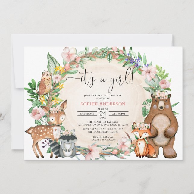 Invitación Rubor Rosa Es Un Chica De Animales De Woodland Bab (Anverso)