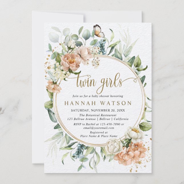 Invitación Rubor Rosa Eucalyptus Chicas gemelos Baby Shower (Anverso)