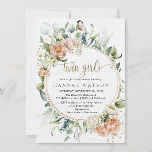 Invitación Rubor Rosa Eucalyptus Chicas gemelos Baby Shower