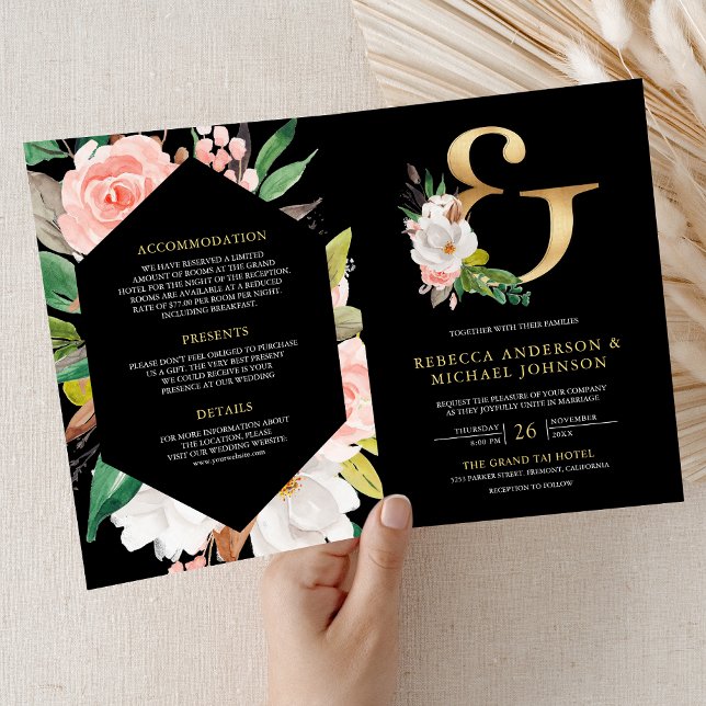 Invitación Rubor Rosa Floral Ampersand Código QR Negro Boda (Subido por el creador)