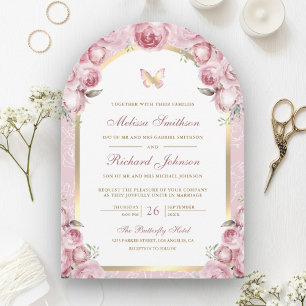 Invitación Rubor Rosa Floral Arco Dorado Mariposa Boda