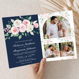 Invitación Rubor Rosa Floral Azul Marino Código QR Boda