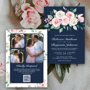 Invitación Rubor Rosa Floral Azul Marino Código QR Boda