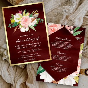 Invitación Rubor Rosa Floral Borgoña Todo en Uno Boda