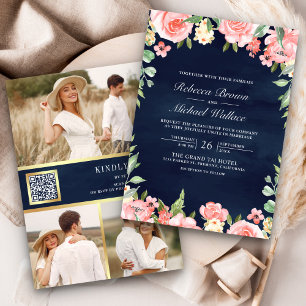 Invitación Rubor Rosa Floral Código QR Foto Azul Marino Boda