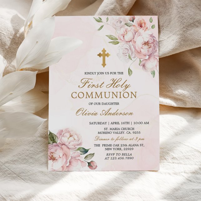 Invitación Rubor Rosa Floral de rosa primera comunión sagrada (Subido por el creador)