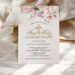 Invitación Rubor Rosa Floral de rosa primera comunión sagrada