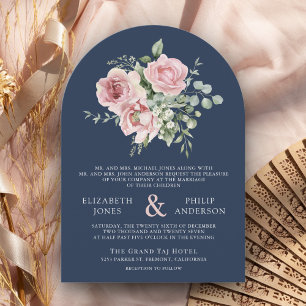 Invitación Rubor Rosa Floral Eucalipto Azul Marino Boda