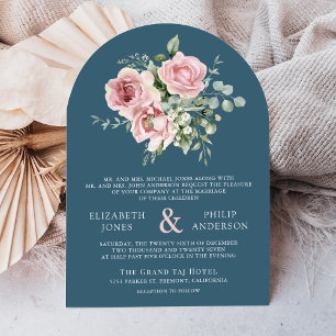 Invitación Rubor Rosa Floral Eucalipto Azul Polvoriento Boda
