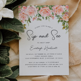 Invitación Rubor Rosa Floral Greenery Sip y See Baby Shower