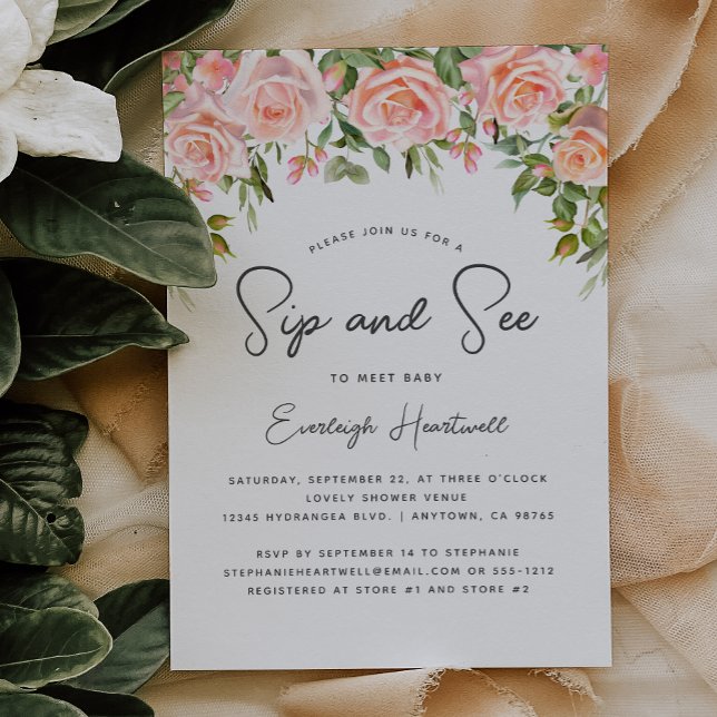 Invitación Rubor Rosa Floral Greenery Sip y See Baby Shower (Subido por el creador)