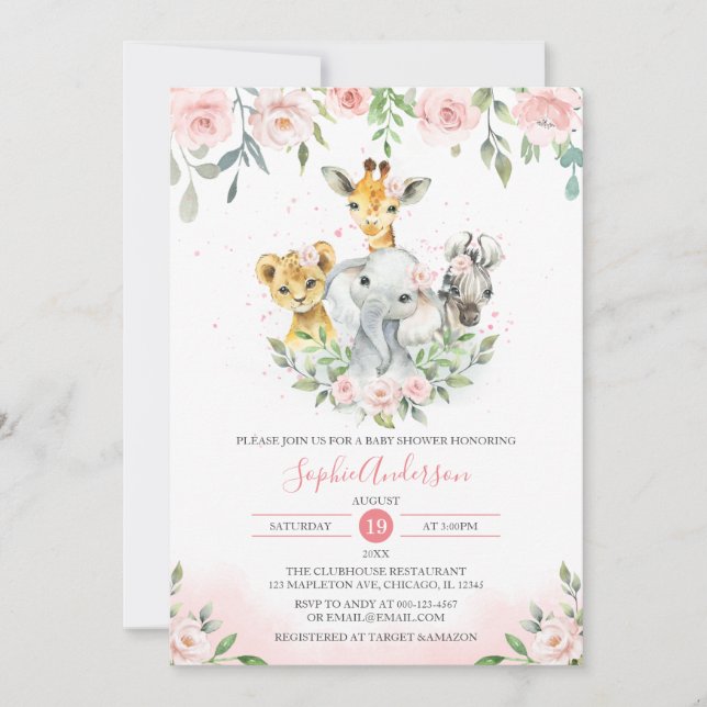 Invitación Rubor rosa Floral Jungla Animal Safari Baby Shower (Anverso)