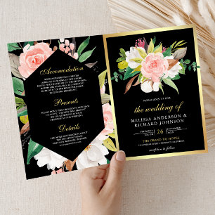 Invitación Rubor Rosa Floral Oro Negro Código QR Boda