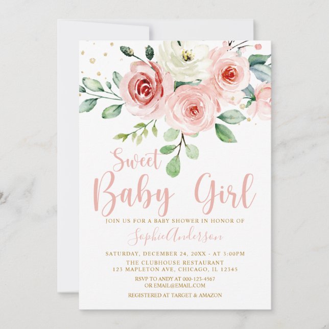 Invitación Rubor Rosa Floral Rosa Dulce Bebé Baby Shower (Anverso)