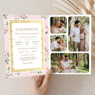 Invitación Rubor Rosa Floral Todo en Uno Boda India Dorada