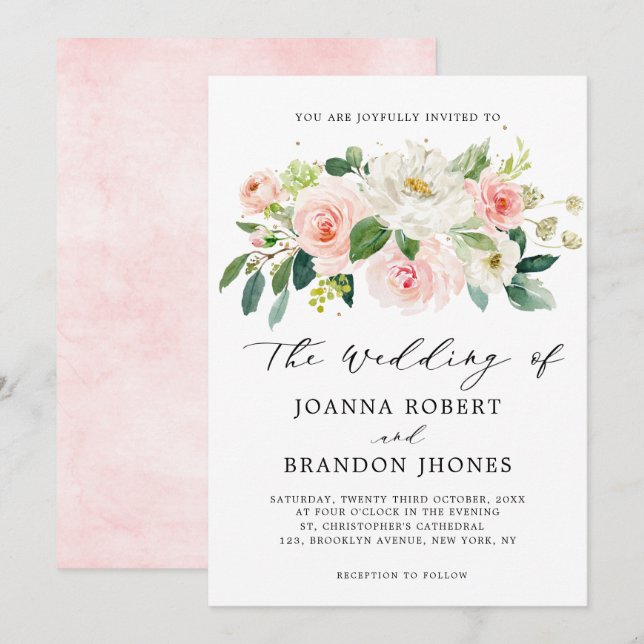 Invitación Rubor Rosa Florals Boda botánico moderno (Anverso / Reverso)