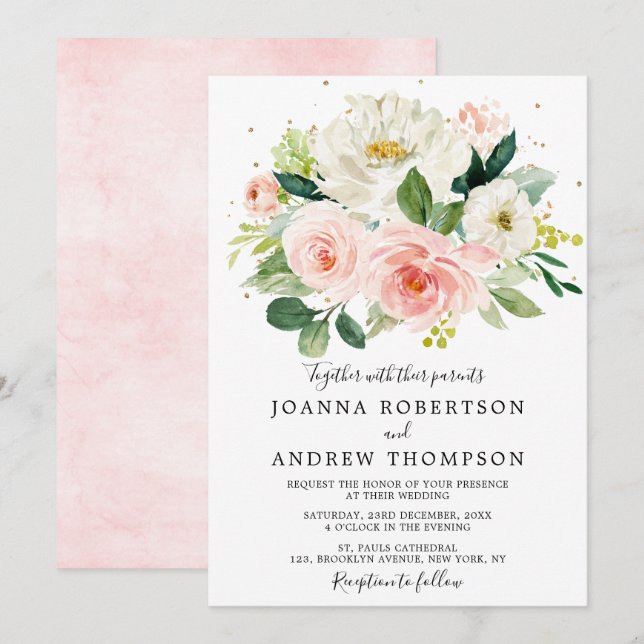 Invitación Rubor Rosa Florals Boda botánico moderno (Anverso / Reverso)