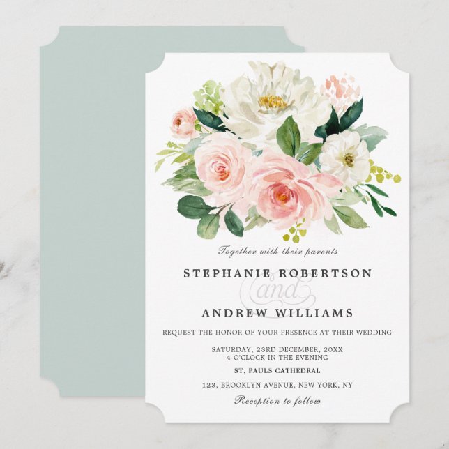 Invitación Rubor Rosa Florals Boda botánico moderno (Anverso / Reverso)