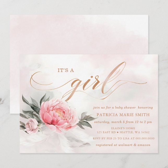 Invitación Rubor Rosa Gold es un Chica Floral Baby Shower (Anverso / Reverso)