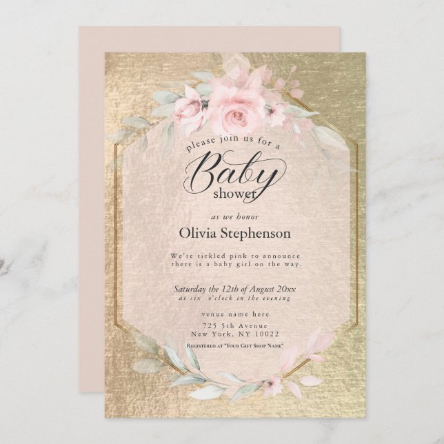 Invitación Rubor Rosa Gold Floral Baby Shower (Anverso / Reverso)