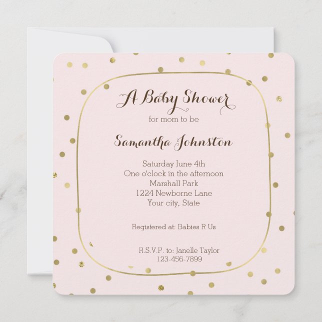 Invitación Rubor Rosa Gold Sparkle Confetti Baby Shower (Reverso)