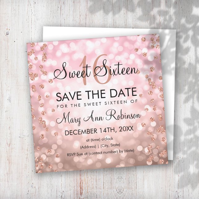 Invitación Rubor Rosa Gold Sweet 16 Luces Purpurinas (Subido por el creador)