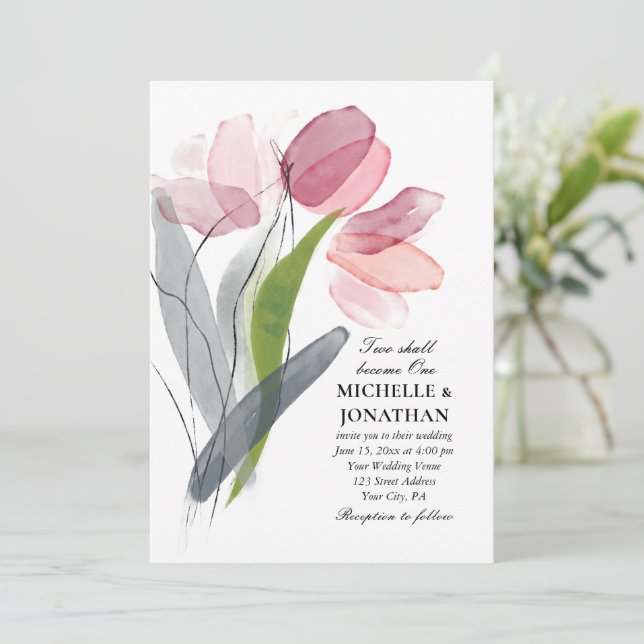 Invitación Rubor rosa Gray Tulips Boda cristiano moderno (Anverso de pie)