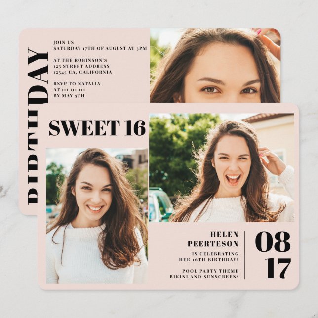 Invitación Rubor rosa moderno en negrita 3 fotos Sweet 16 cum (Anverso / Reverso)