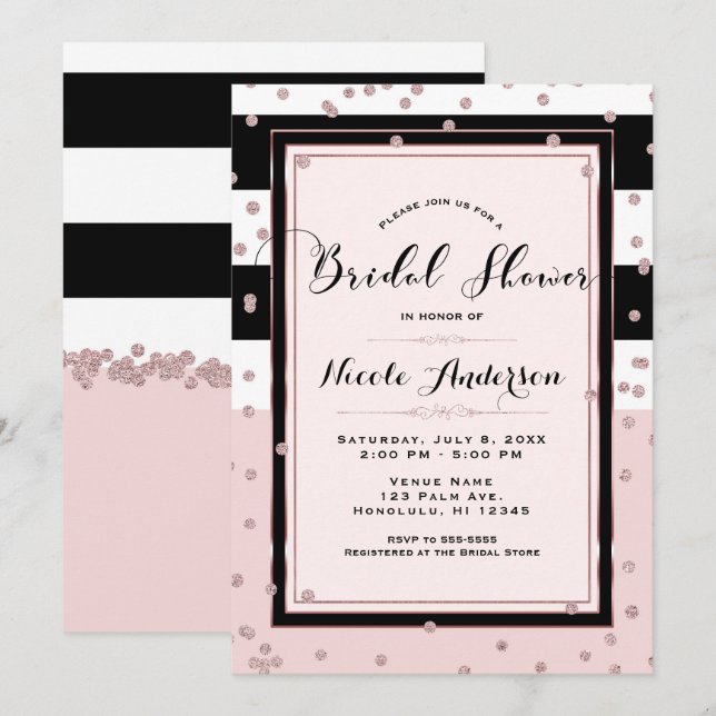 Invitación Rubor Rosa Negro Blanco Oro Rosa Despedida de Solt (Anverso / Reverso)