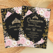 Rubor Rosa Negro y Dorado Mariposa Quinceañera
