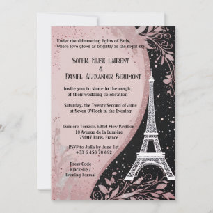 Invitación Rubor Rosa Noche Parisina Plateado Boda Romántica
