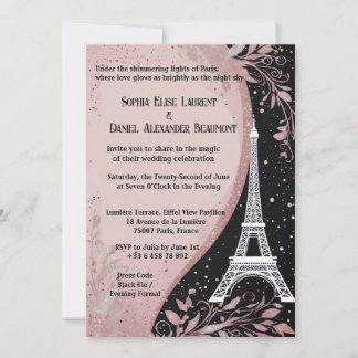 Invitación Rubor Rosa Noche Parisina Plateado Boda Romántica