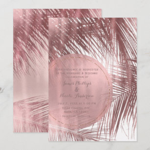 Invitación Rubor Rosa Oro Rosado Palmeras Tropicales Boda Tro