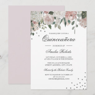 Invitación Rubor Rosa Plateado Acuarela Floral Quinceañera