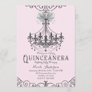 Invitación Rubor Rosa Plateado Blanco Lazo Quinceañera 15 15º