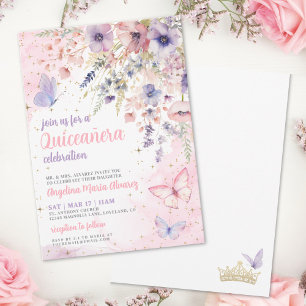 Invitación Rubor Rosa Púrpura Floral Mariposa Quinceañera