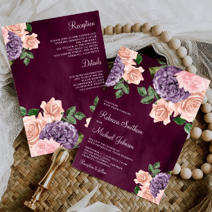 Invitación Rubor Rosa Púrpura Floral Todo en Uno Bodas Ciruel