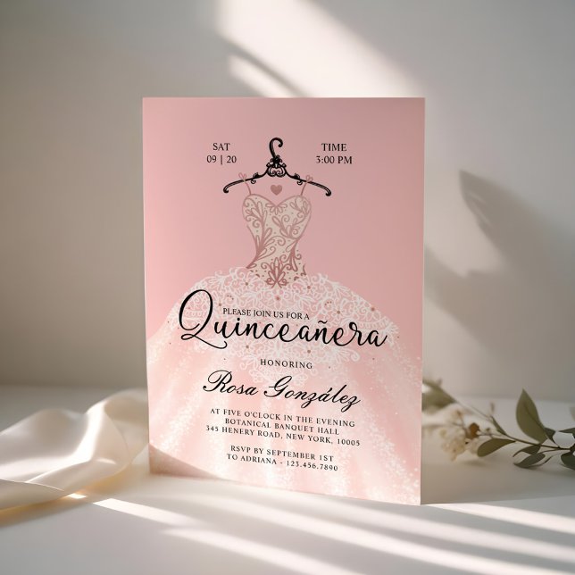 Invitación Rubor Rosa Quinceañera Roya Gown Rubor Rosa (Blush Pink Quinceañera Roya Gown Blush Pink Invitation)