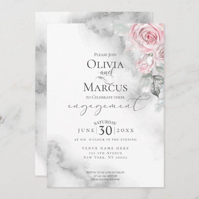 Invitación Rubor Rosa Rosa Bouquet Pewter Watercolor (Anverso / Reverso)