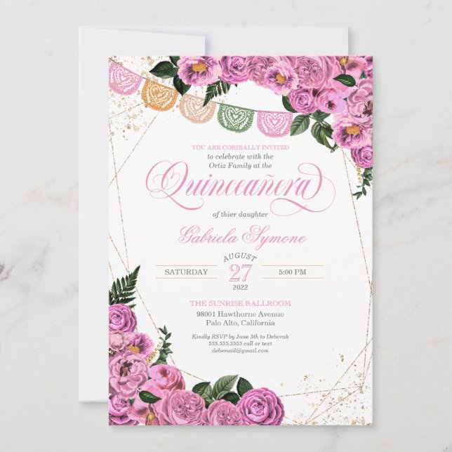 Invitación Rubor Rosa Rosa Elegante Fiesta Floral Fiesta Quin (Anverso)