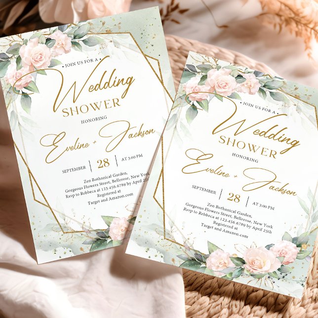 Invitación Rubor rosa rosa eucalipto oro Boda Ducha (Unique watercolor blush roses green eucalyptus and gold frame wedding shower invitation)