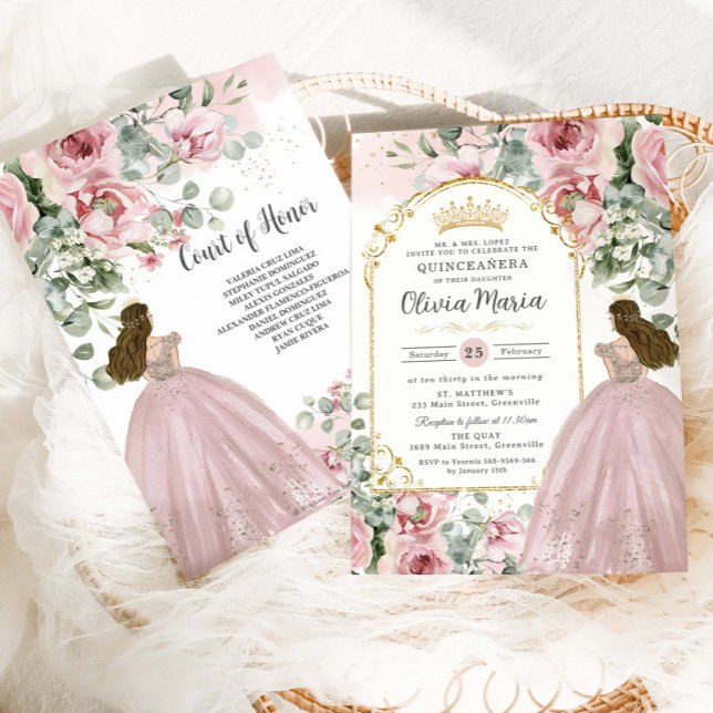 Invitación Rubor Rosa Rosa Floral Oro Quinceañera Dulce 16 (Subido por el creador)
