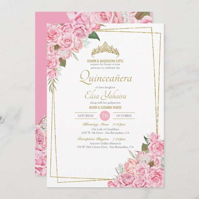 Invitación Rubor Rosa Rosa Rosa Oro Tiara Floral Quinceanera (Anverso / Reverso)