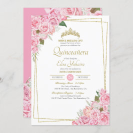 Invitación Rubor Rosa Rosa Rosa Oro Tiara Floral Quinceanera