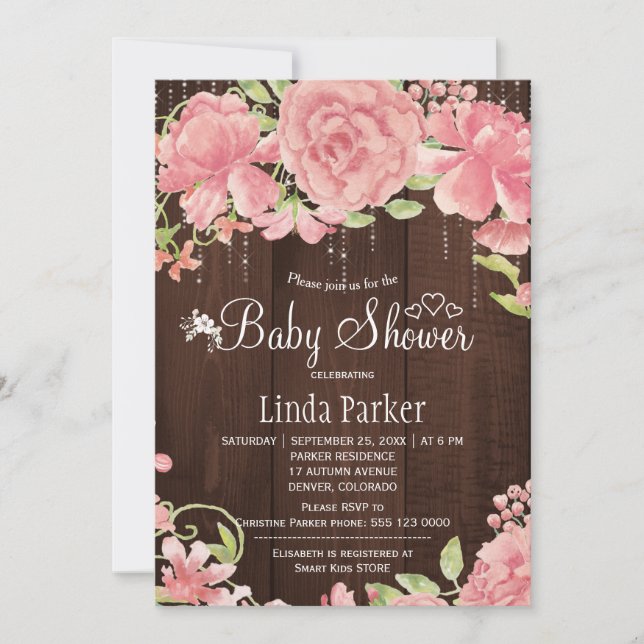 Invitación Rubor rosa rosa rosado peonías luces de cola de be (Anverso)