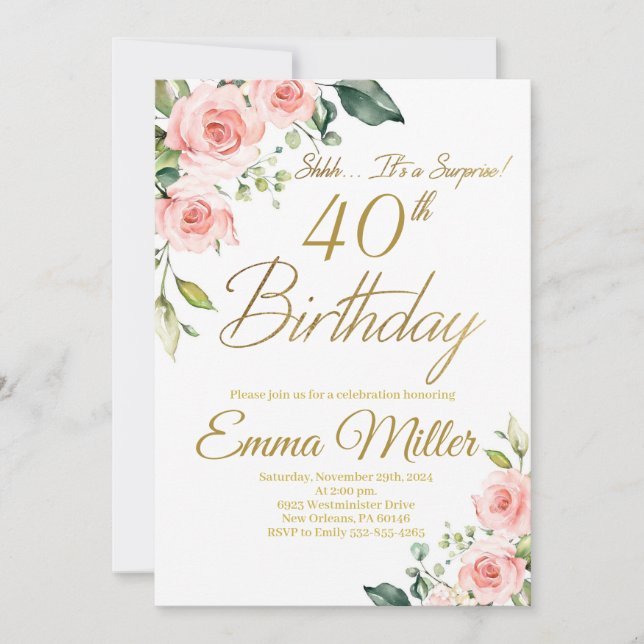 Invitación Rubor Rosa Rosada 40.º Fiesta de cumpleaños (Anverso)