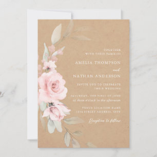 Invitación Rubor Rosa Rústico Botánico Floral Elegante Boda