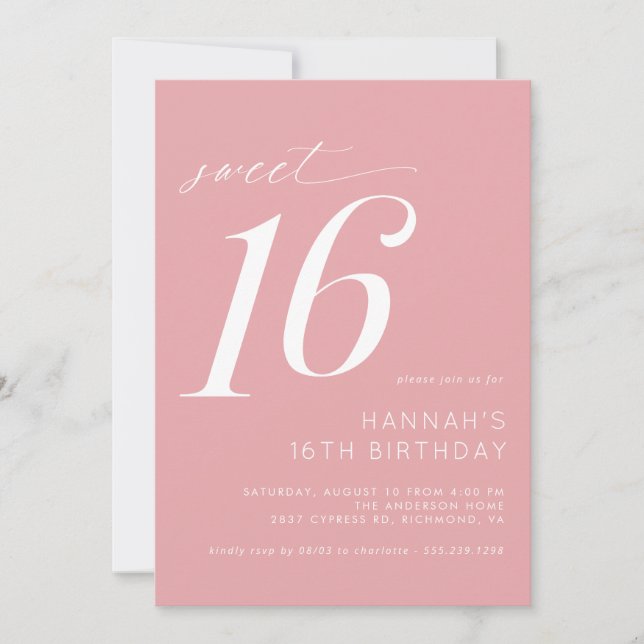 Invitación Rubor rosa suave | Dulce Girly Simple 16 Cumpleaño (Anverso)