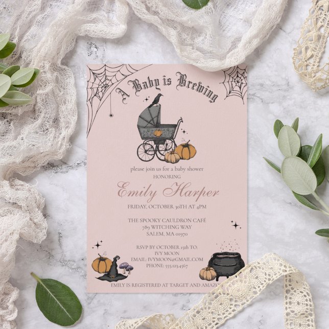 Invitación Rubor Rosa: Un bebé está preparando Baby Shower (Elegant and Spooky Victorian Baby Carriage Custom Baby Shower Invitattion in a Chic Blush Pink.)