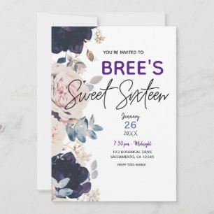 Invitación Rubor Rosa y Azul Fiesta Botánica Floral Dulces 16